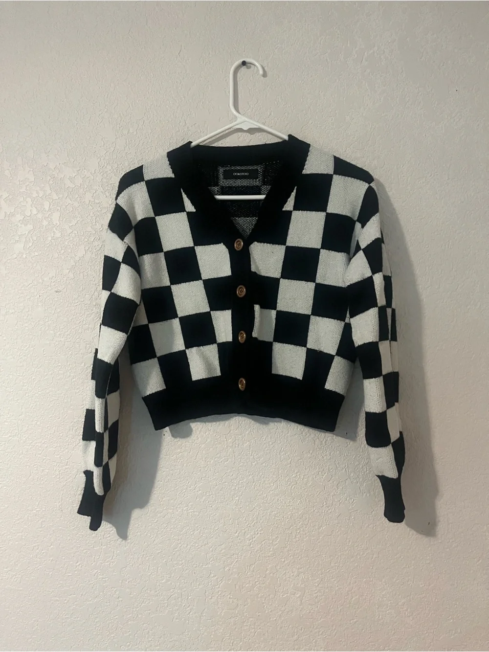 Checkerboard Cropped Cardigan Sweater - Black & White